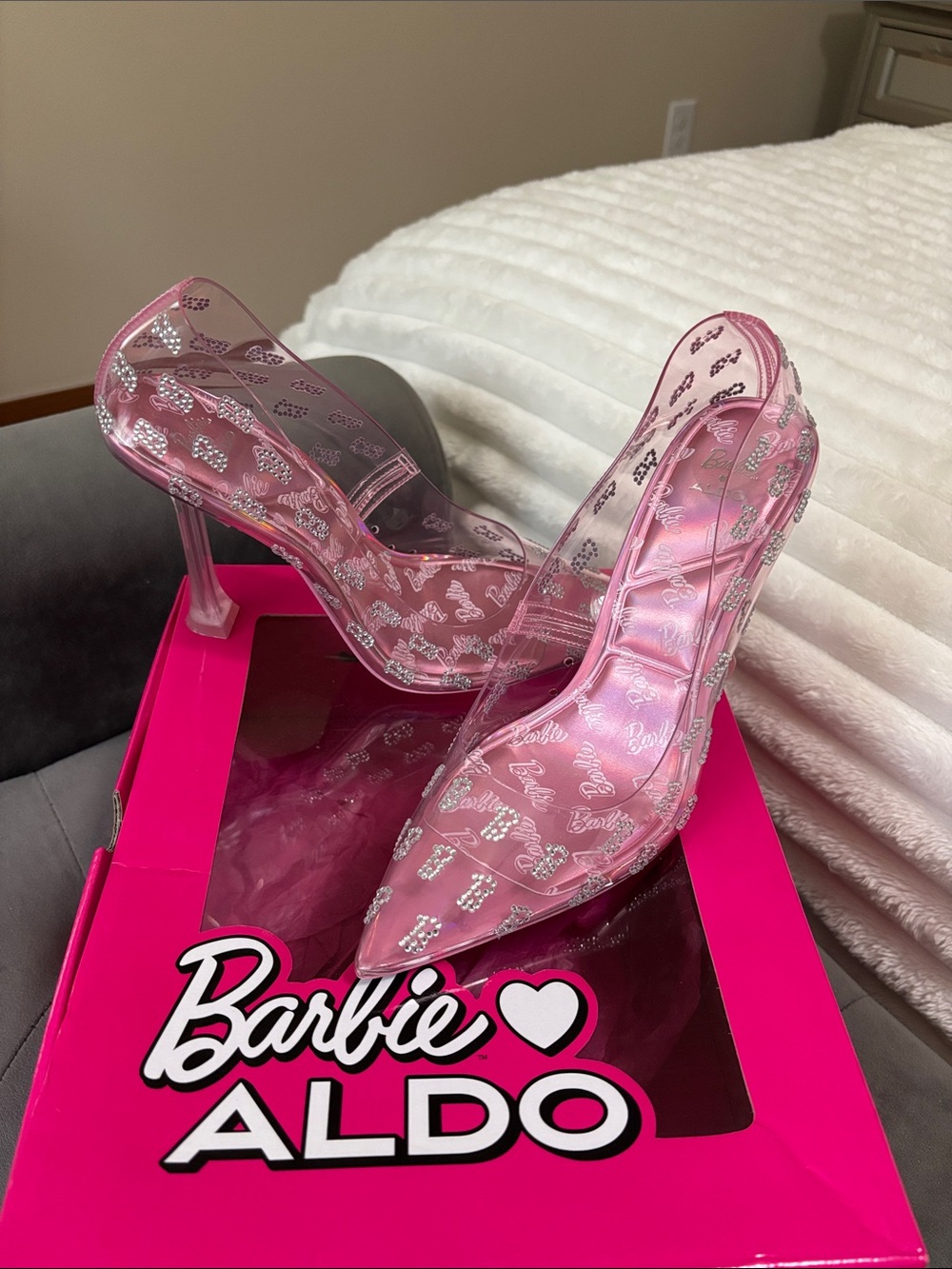 Aldo Pink Clear Pointed Heel with Barbie Script size 8